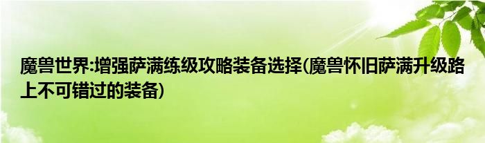 魔獸世界:增強(qiáng)薩滿練級(jí)攻略裝備選擇(魔獸懷舊薩滿升級(jí)路上不可錯(cuò)過(guò)的裝備)