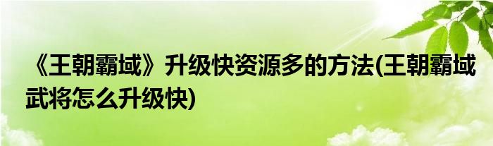 《王朝霸域》升級(jí)快資源多的方法(王朝霸域武將怎么升級(jí)快)